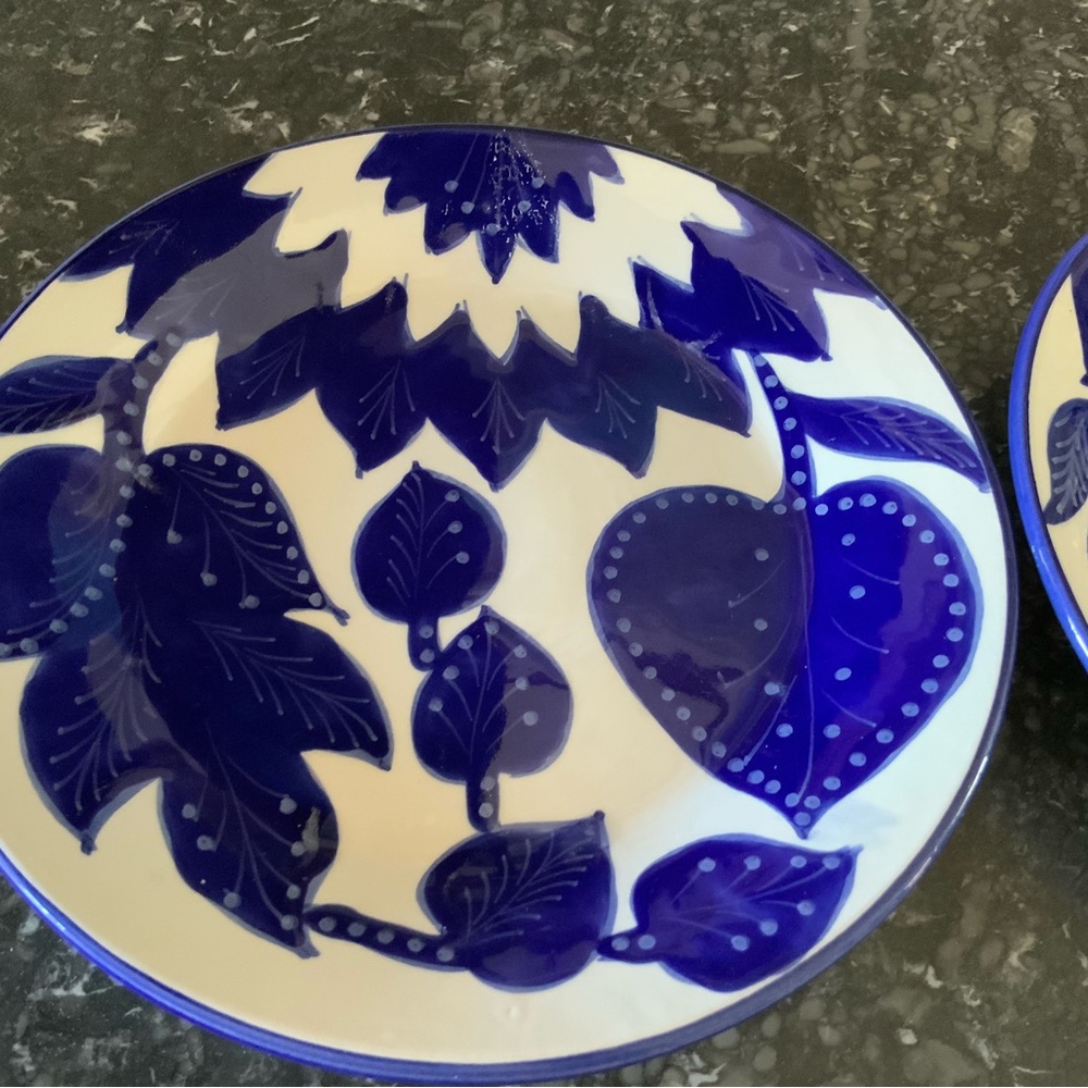 2 Le Souk Ceramique Tunisia Blue & White Hand Painted Plates 8’ Rare Floral